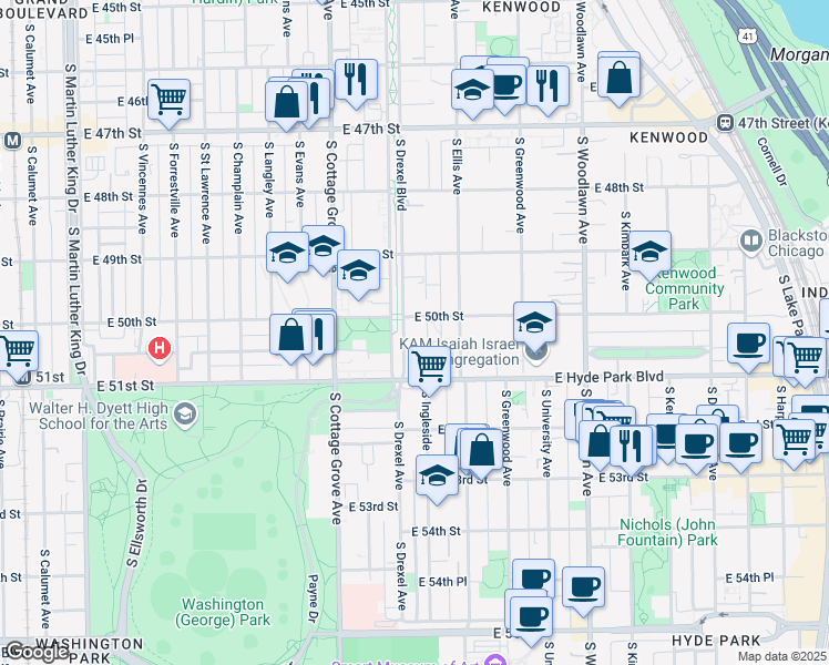 map of restaurants, bars, coffee shops, grocery stores, and more near 5019 South Drexel Boulevard in Chicago