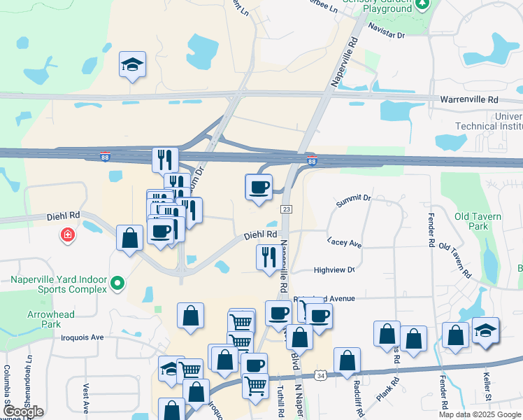 map of restaurants, bars, coffee shops, grocery stores, and more near 1801 North Naper Boulevard in Naperville
