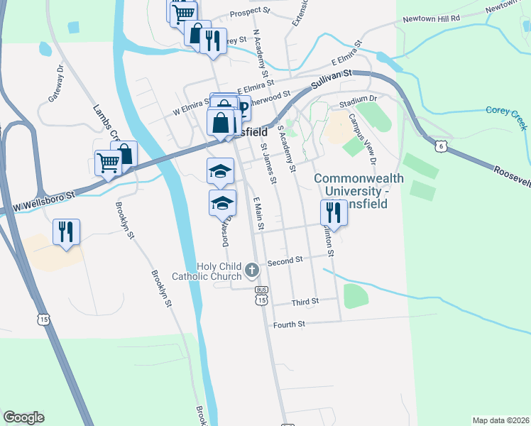 map of restaurants, bars, coffee shops, grocery stores, and more near 63 East Main Street in Mansfield
