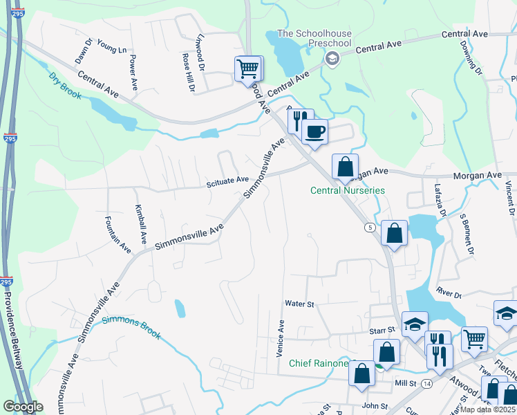 map of restaurants, bars, coffee shops, grocery stores, and more near 369 Simmonsville Avenue in Johnston