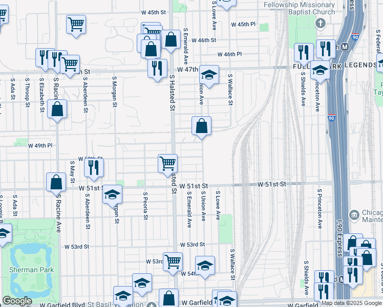 map of restaurants, bars, coffee shops, grocery stores, and more near 718 West 50th Street in Chicago