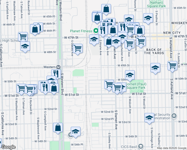 map of restaurants, bars, coffee shops, grocery stores, and more near 2125 West 49th Place in Chicago