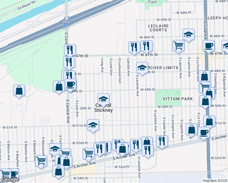map of restaurants, bars, coffee shops, grocery stores, and more near 4905 South Lorel Avenue in Chicago