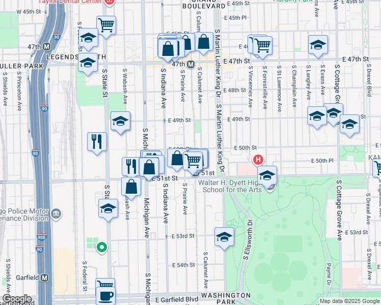 map of restaurants, bars, coffee shops, grocery stores, and more near 5007 South Prairie Avenue in Chicago