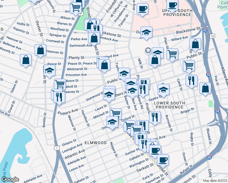 map of restaurants, bars, coffee shops, grocery stores, and more near 182 Reynolds Avenue in Providence