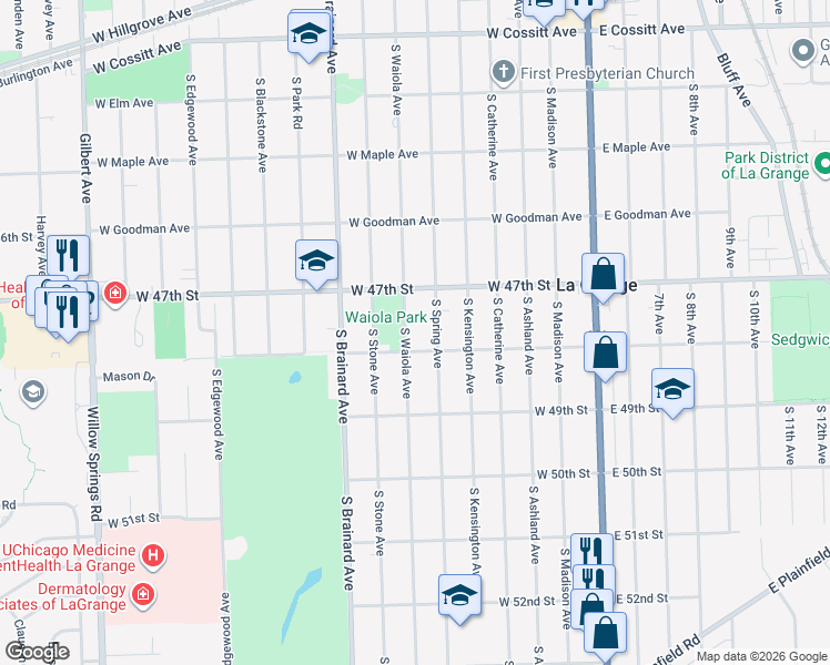 map of restaurants, bars, coffee shops, grocery stores, and more near 539 South Waiola Avenue in La Grange