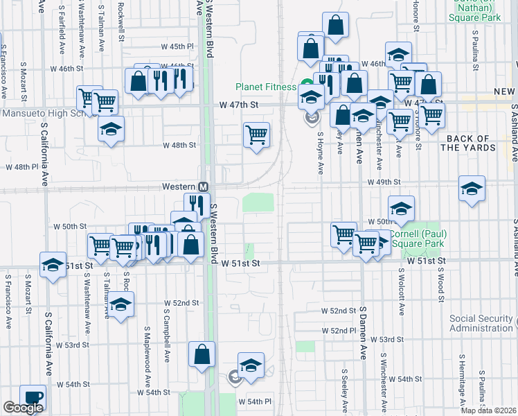 map of restaurants, bars, coffee shops, grocery stores, and more near 2231 West 49th Street in Chicago