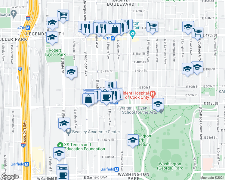 map of restaurants, bars, coffee shops, grocery stores, and more near 5005 South Prairie Avenue in Chicago