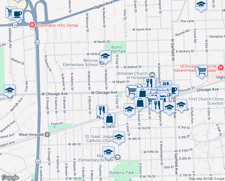 map of restaurants, bars, coffee shops, grocery stores, and more near 8 North Clay Street in Hinsdale