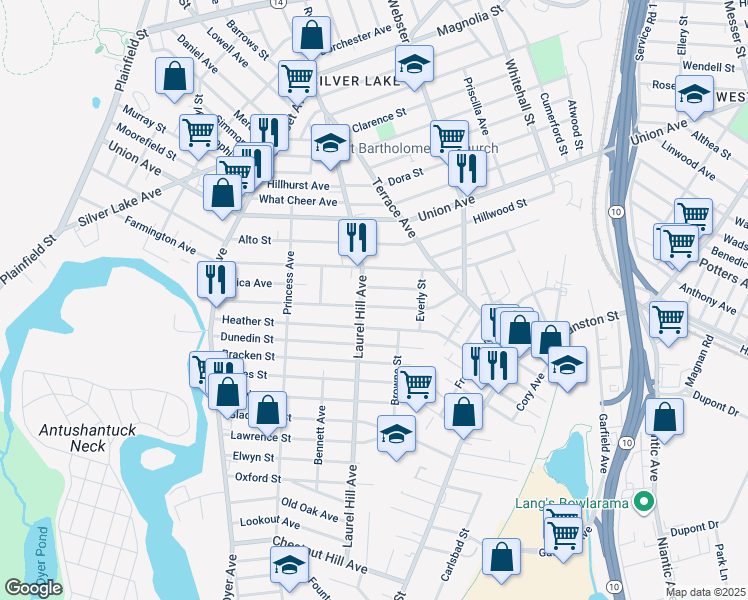 map of restaurants, bars, coffee shops, grocery stores, and more near 158 Maplewood Avenue in Cranston