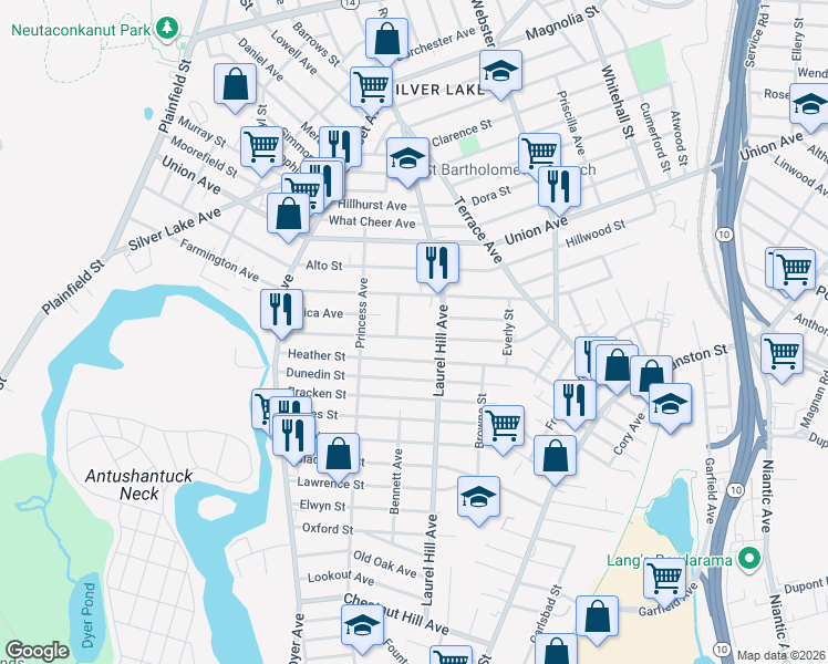 map of restaurants, bars, coffee shops, grocery stores, and more near 125 Maplewood Avenue in Cranston