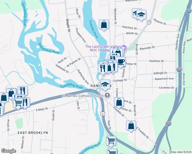 map of restaurants, bars, coffee shops, grocery stores, and more near 37 Main Street in Killingly