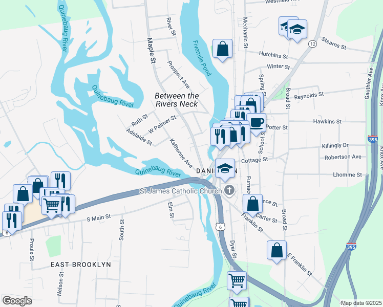 map of restaurants, bars, coffee shops, grocery stores, and more near 29 Maple Street in Killingly