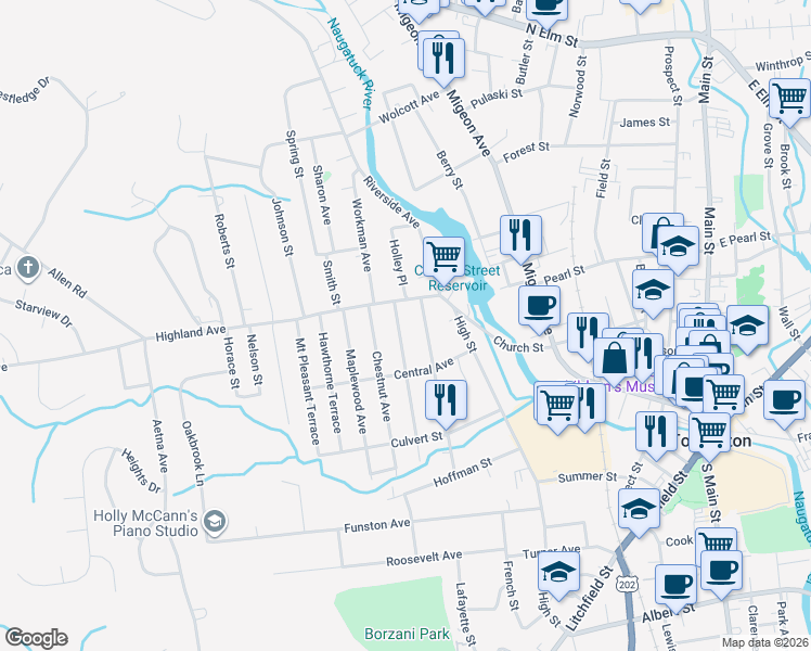 map of restaurants, bars, coffee shops, grocery stores, and more near 42 Beechwood Avenue in Torrington