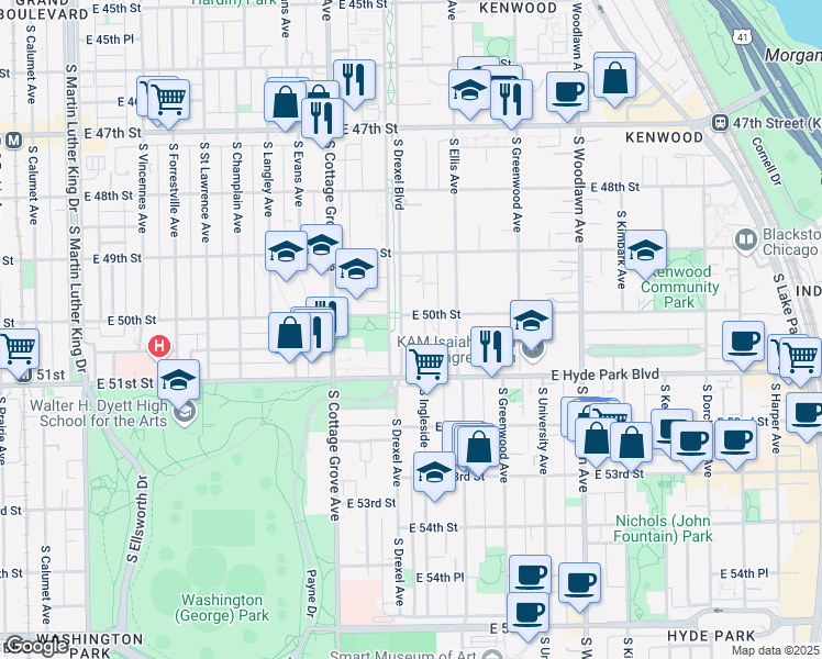 map of restaurants, bars, coffee shops, grocery stores, and more near 5019 South Drexel Boulevard in Chicago