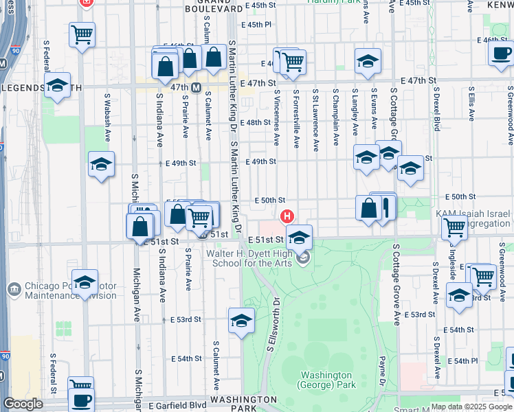 map of restaurants, bars, coffee shops, grocery stores, and more near 431 East 50th Street in Chicago