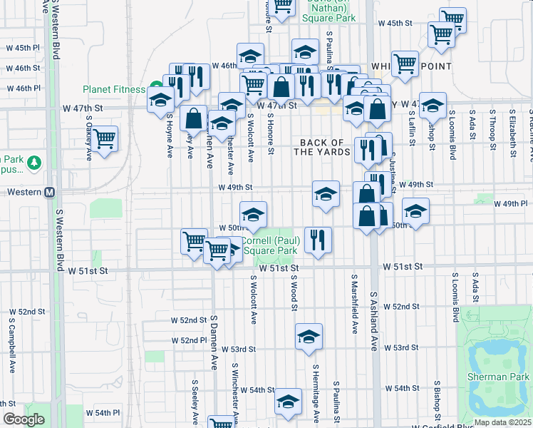 map of restaurants, bars, coffee shops, grocery stores, and more near 4947 South Wolcott Avenue in Chicago