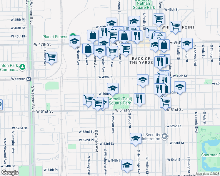 map of restaurants, bars, coffee shops, grocery stores, and more near 4947 South Wolcott Avenue in Chicago