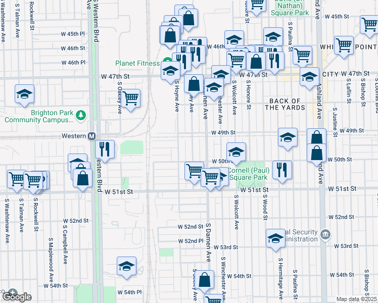 map of restaurants, bars, coffee shops, grocery stores, and more near 4945 South Hoyne Avenue in Chicago
