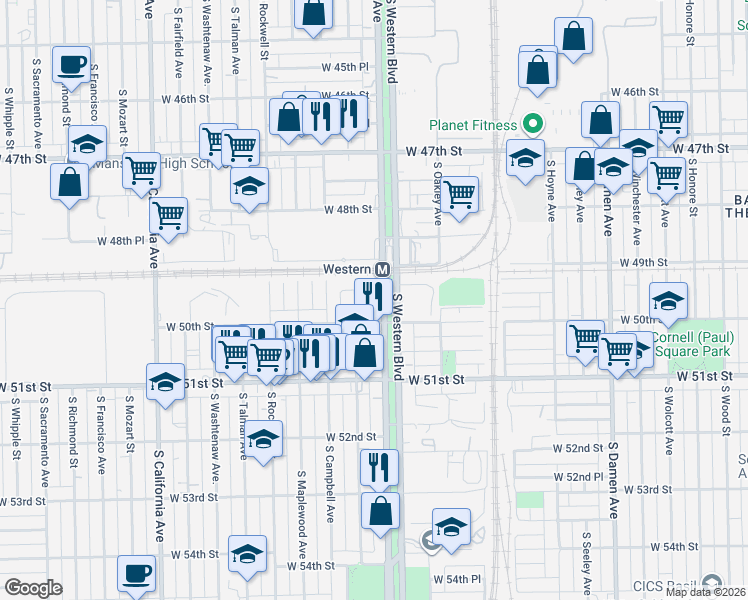 map of restaurants, bars, coffee shops, grocery stores, and more near 4940 South Western Avenue in Chicago