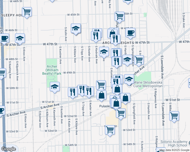 map of restaurants, bars, coffee shops, grocery stores, and more near 4922 South Kedvale Avenue in Chicago