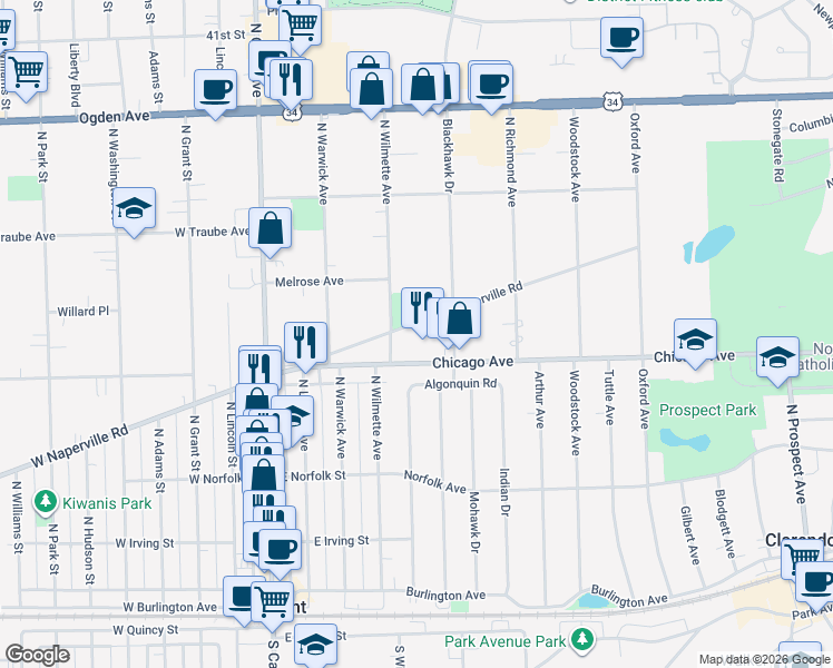 map of restaurants, bars, coffee shops, grocery stores, and more near 309 North Wilmette Avenue in Westmont