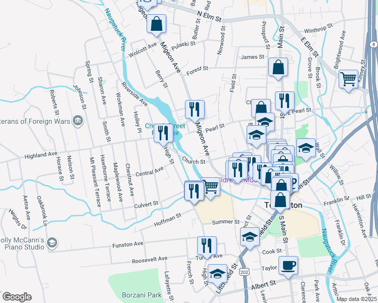 map of restaurants, bars, coffee shops, grocery stores, and more near 310 Church Street in Torrington