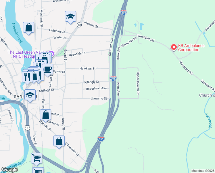 map of restaurants, bars, coffee shops, grocery stores, and more near 74 Robertson Avenue in Killingly