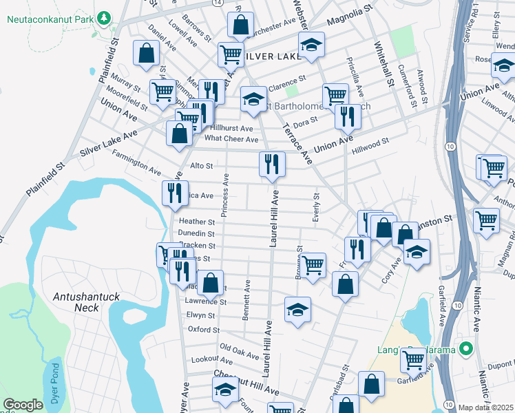 map of restaurants, bars, coffee shops, grocery stores, and more near 125 Maplewood Avenue in Cranston
