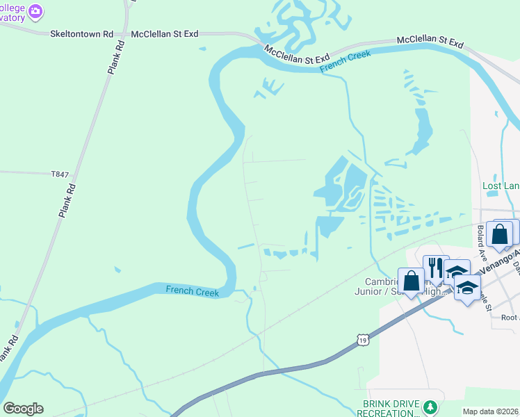 map of restaurants, bars, coffee shops, grocery stores, and more near Lee Dr in Cambridge Springs