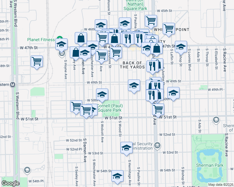 map of restaurants, bars, coffee shops, grocery stores, and more near 4947 South Honore Street in Chicago
