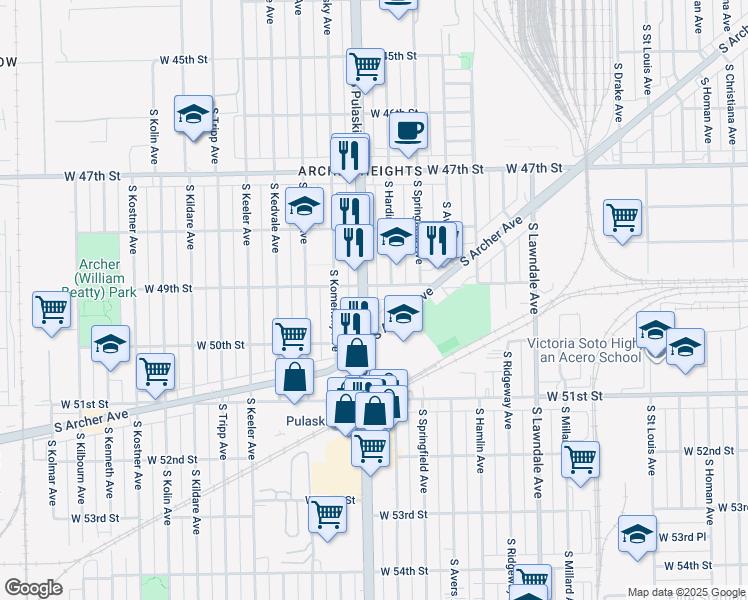 map of restaurants, bars, coffee shops, grocery stores, and more near 4909 South Pulaski Road in Chicago