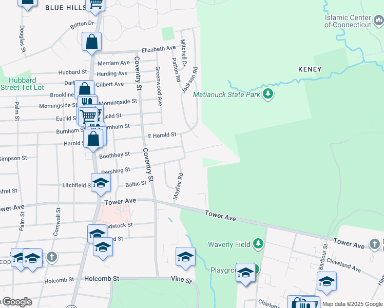 map of restaurants, bars, coffee shops, grocery stores, and more near 117 East Pershing Street in Bloomfield