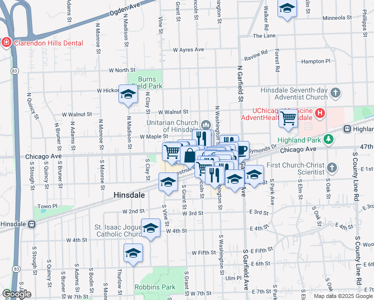 map of restaurants, bars, coffee shops, grocery stores, and more near 2-98 Grant Square in Hinsdale