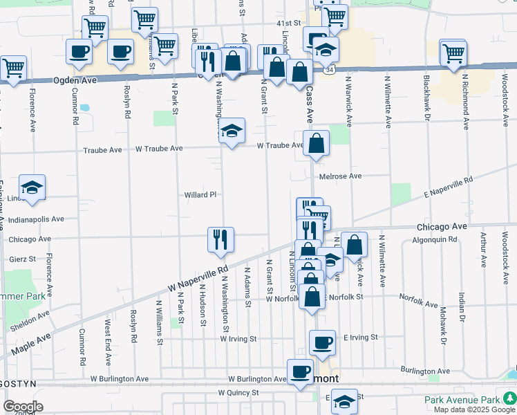 map of restaurants, bars, coffee shops, grocery stores, and more near 314 North Grant Street in Westmont