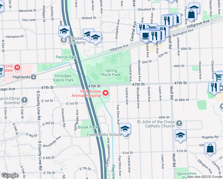 map of restaurants, bars, coffee shops, grocery stores, and more near 4709 Commonwealth Avenue in Western Springs