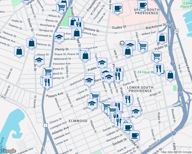 map of restaurants, bars, coffee shops, grocery stores, and more near 170 Reynolds Avenue in Providence