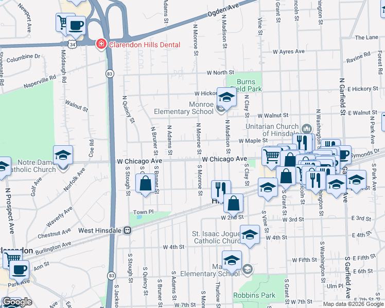 map of restaurants, bars, coffee shops, grocery stores, and more near 621 Chicago Avenue in Hinsdale