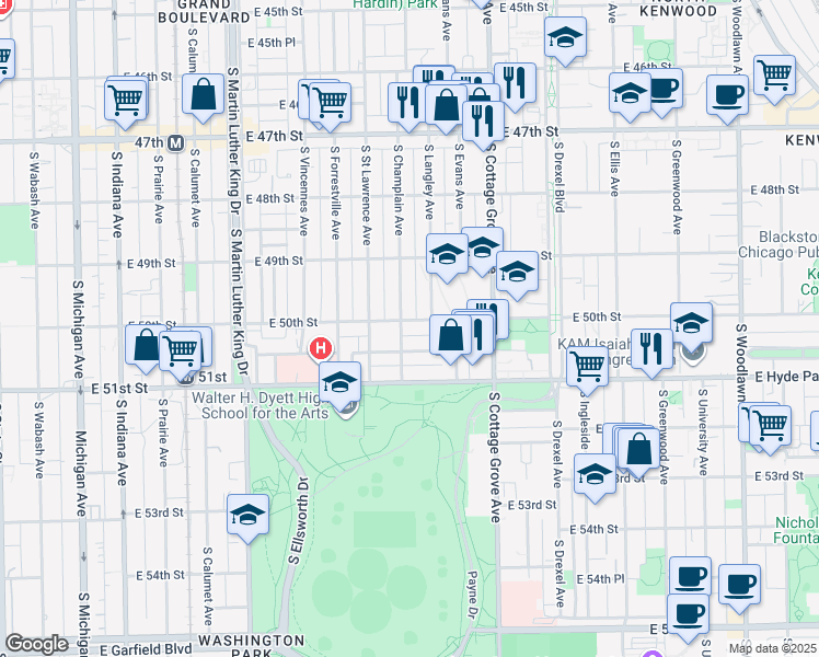 map of restaurants, bars, coffee shops, grocery stores, and more near 660 East 50th Place in Chicago