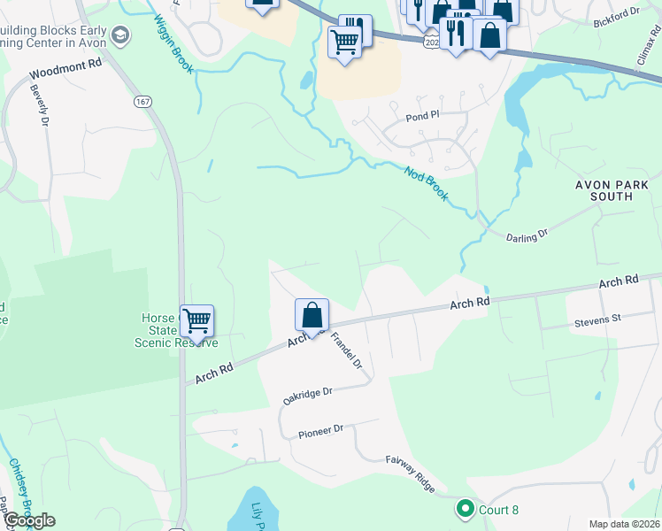 map of restaurants, bars, coffee shops, grocery stores, and more near 40 Old Town Road in Avon