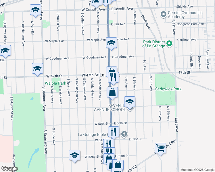 map of restaurants, bars, coffee shops, grocery stores, and more near 534 South La Grange Road in La Grange