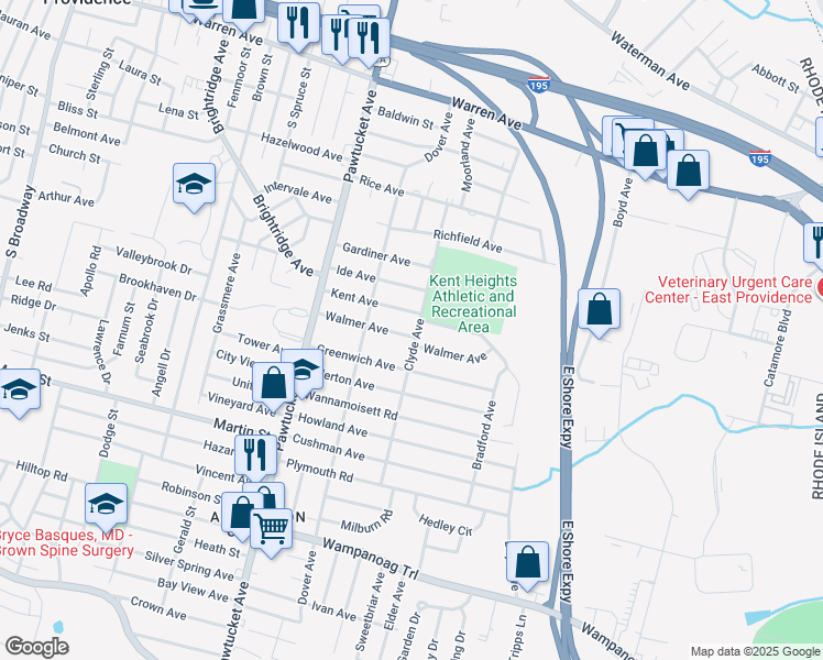map of restaurants, bars, coffee shops, grocery stores, and more near 94 Clyde Avenue in East Providence