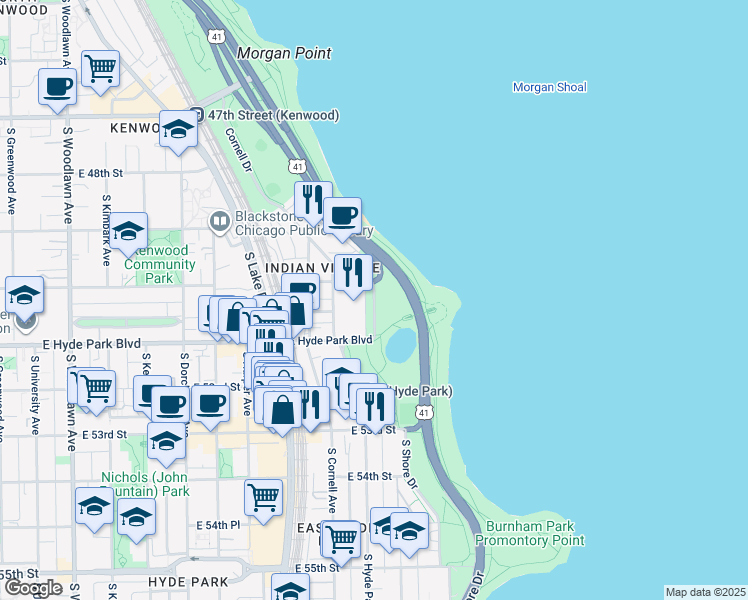 map of restaurants, bars, coffee shops, grocery stores, and more near South Lake Shore Drive in Chicago