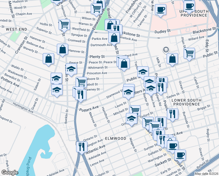 map of restaurants, bars, coffee shops, grocery stores, and more near 582 Public Street in Providence