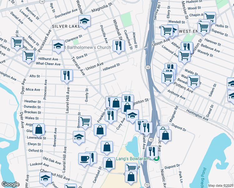 map of restaurants, bars, coffee shops, grocery stores, and more near 48 Franklin Avenue in Cranston