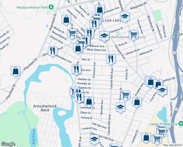 map of restaurants, bars, coffee shops, grocery stores, and more near 57 Maplewood Avenue in Cranston