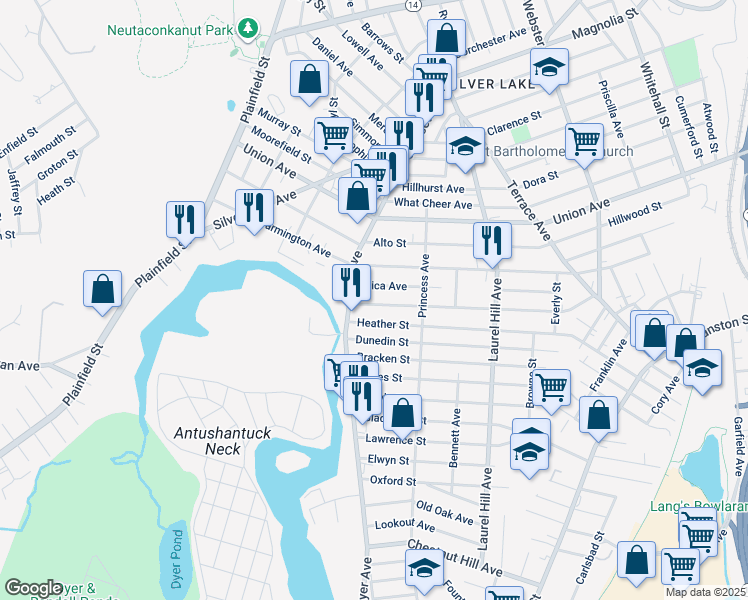 map of restaurants, bars, coffee shops, grocery stores, and more near 25 Maplewood Avenue in Cranston