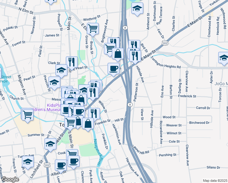 map of restaurants, bars, coffee shops, grocery stores, and more near 20 Christine Street in Torrington