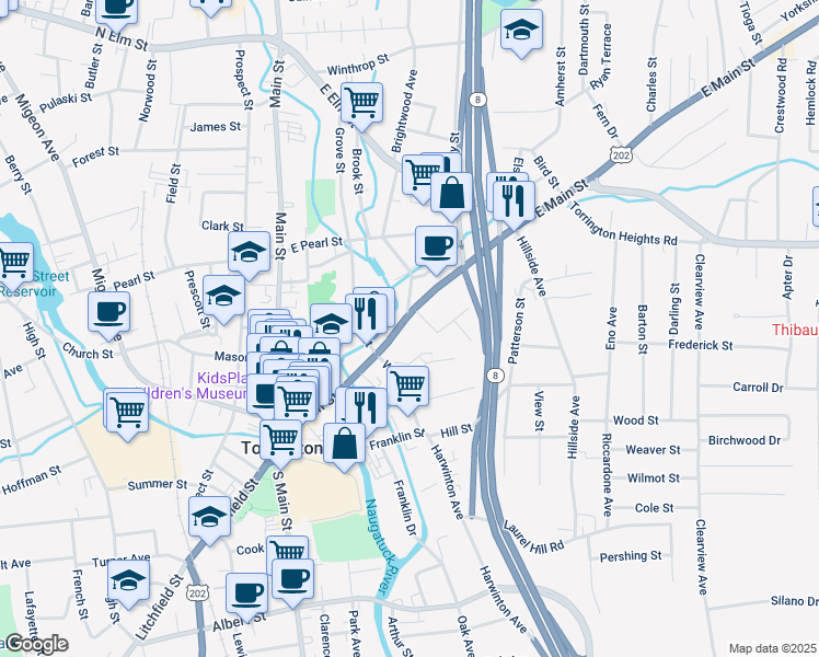 map of restaurants, bars, coffee shops, grocery stores, and more near 240 East Main Street in Torrington