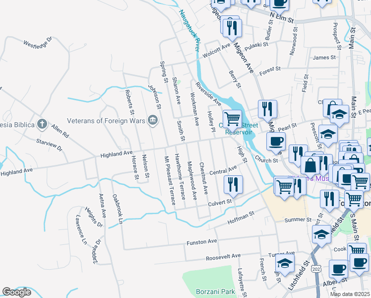map of restaurants, bars, coffee shops, grocery stores, and more near 13 Maplewood Avenue in Torrington
